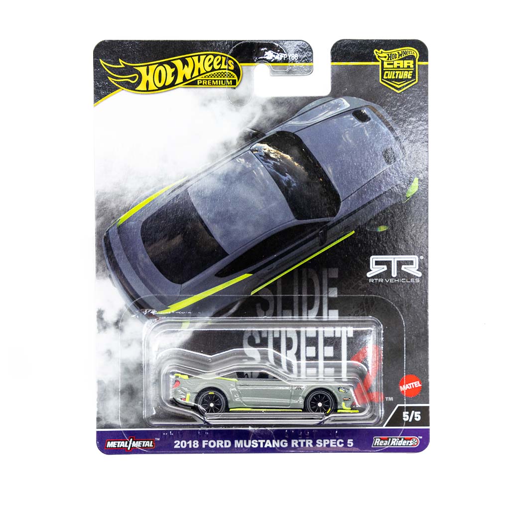 10th Anniversary Mustang RTR Spec 5 Hot Wheels in Leadfoot Gray packaging, featuring detailed wheels, widebody flares, and unique decals. Limited edition collectible.
