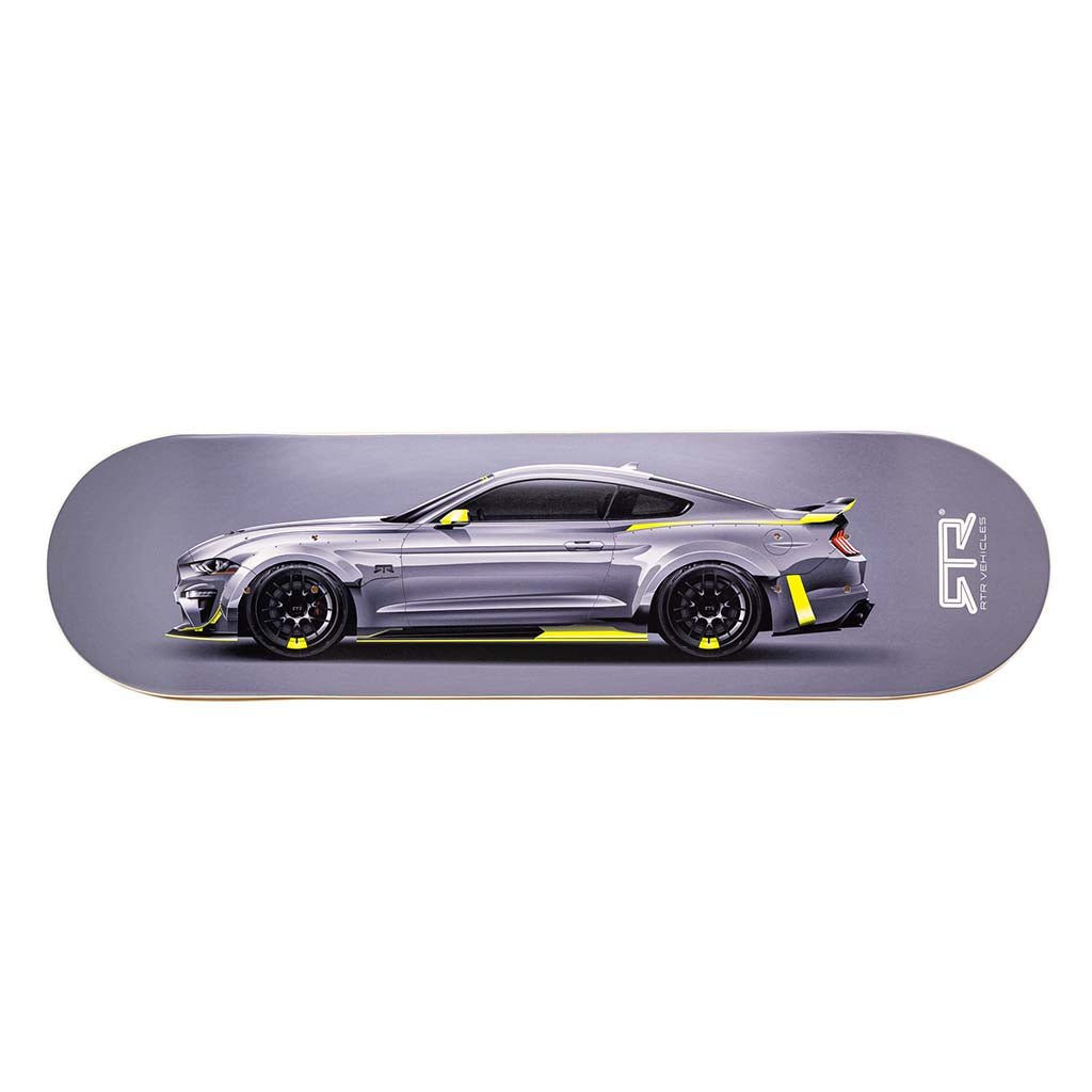 10th Anniversary Mustang RTR Spec 5 Skateboard Deck featuring the 10th anniversary Mustang RTR Spec 5 and RTR logo, made from durable 7-ply Canadian maple, 8.25 inches wide.