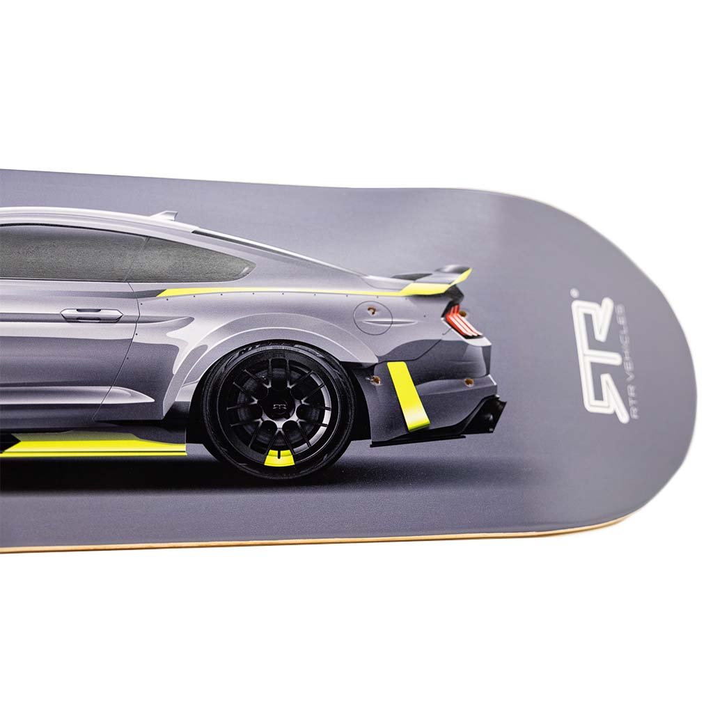 10th Anniversary Mustang RTR Spec 5 Skateboard Deck featuring a detailed image of a sports car, crafted from durable 7-ply Canadian maple, ideal for RTR collectors and skaters.