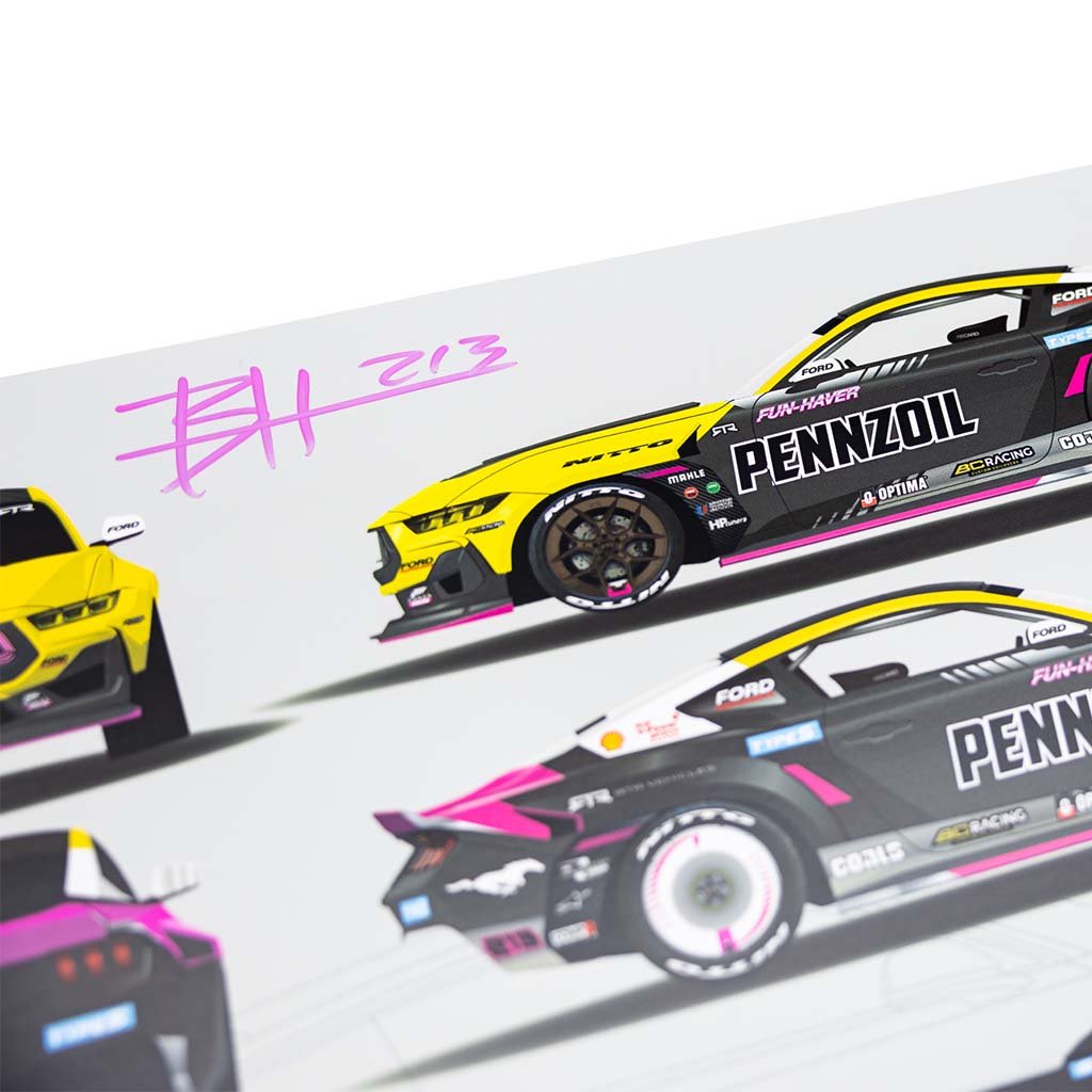 Close-up of Ben Hobson 2024 Formula Drift Livery Poster showcasing detailed livery layout and Mustang RTR Spec 5-FD wireframe schematic.