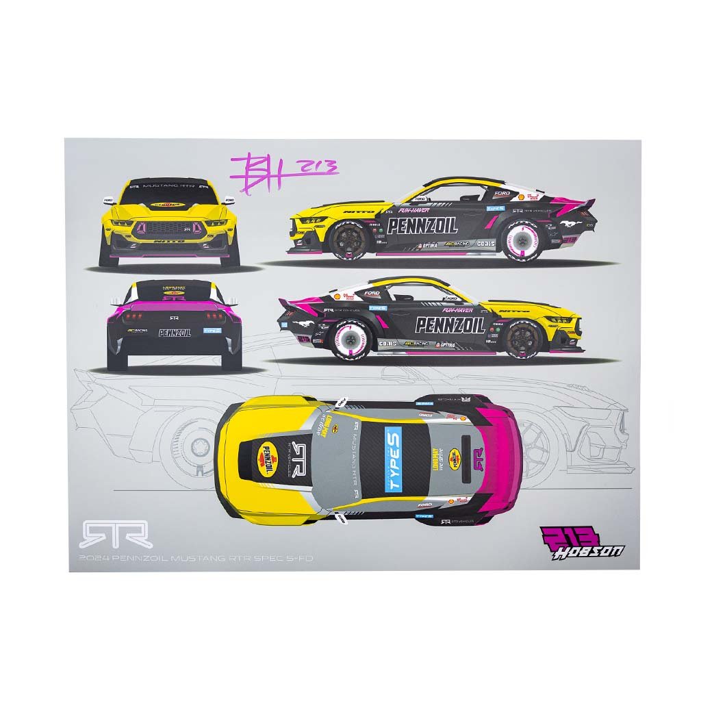 Ben Hobson 2024 Formula Drift Livery Poster featuring detailed schematic of Mustang RTR Spec 5-FD, showcasing the official RTR Drift Team livery design. Limited edition, signed by the driver.