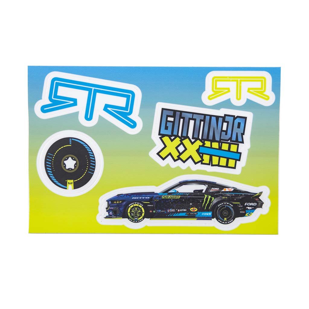 2024 RTR Drift Team Sticker Sheet featuring race car stickers, Aero Disc, monograms, and RTR logo for fans of Vaughn Gittin Jr., James Deane, or Ben Hobson.