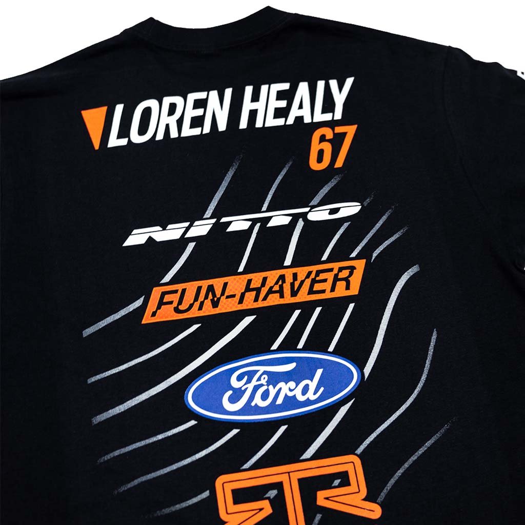 2025 Loren Healy RTR Vehicles Off-Road Team Shirt featuring white text and orange-blue logos on the back, designed for RTR off-road fans