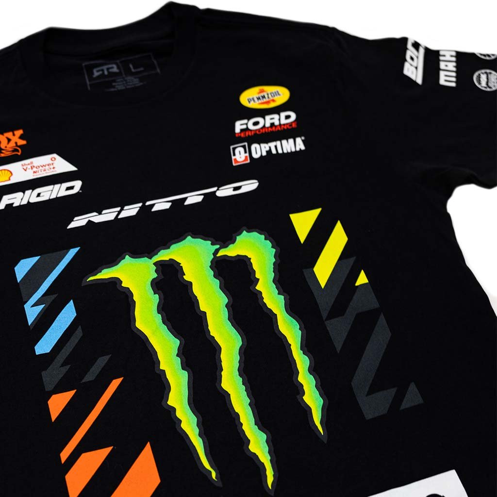 2025 Vaughn Gittin Jr. RTR Vehicles Off-Road Team Shirt featuring a Monster Energy logo and other RTR Partner Logos, crafted from durable ringspun cotton, ideal for active wear.