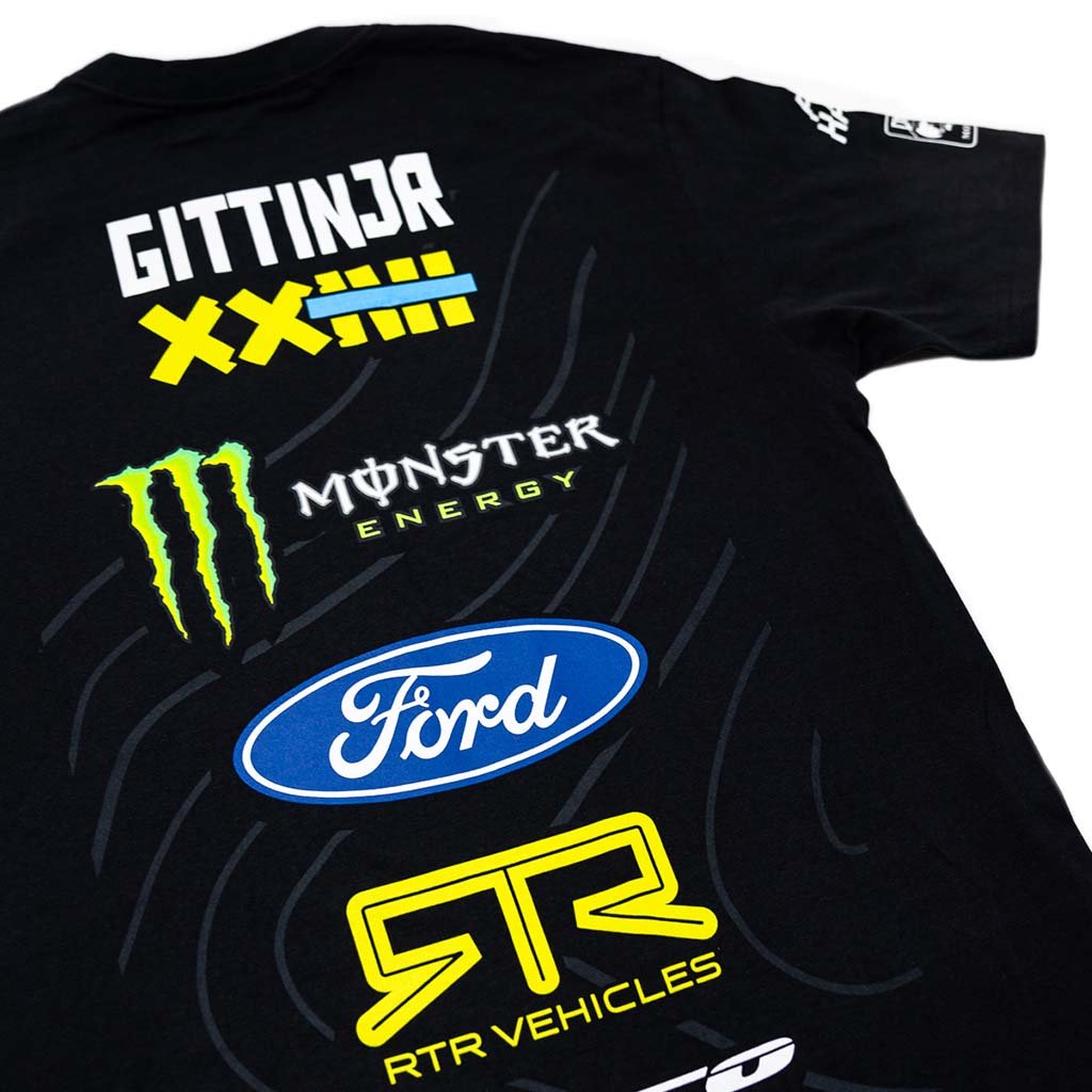 2025 Vaughn Gittin Jr. RTR Vehicles Off-Road Team Shirt, black with multiple logos, capturing the Ultra4 livery design, crafted from durable ringspun cotton.