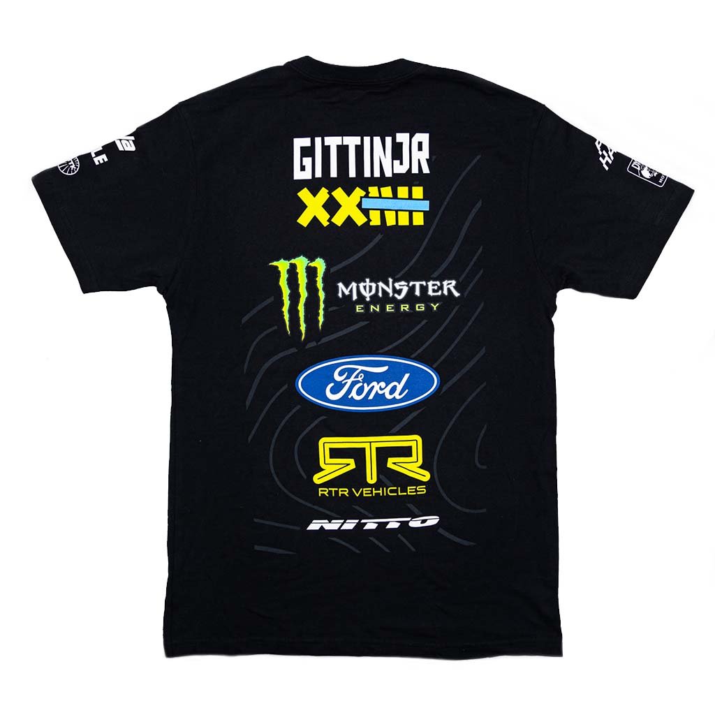 Back view of the 2025 Vaughn Gittin Jr. RTR Vehicles Off-Road Team Shirt, featuring multiple logos, inspired by Vaughn’s Ultra4 4400 truck livery.