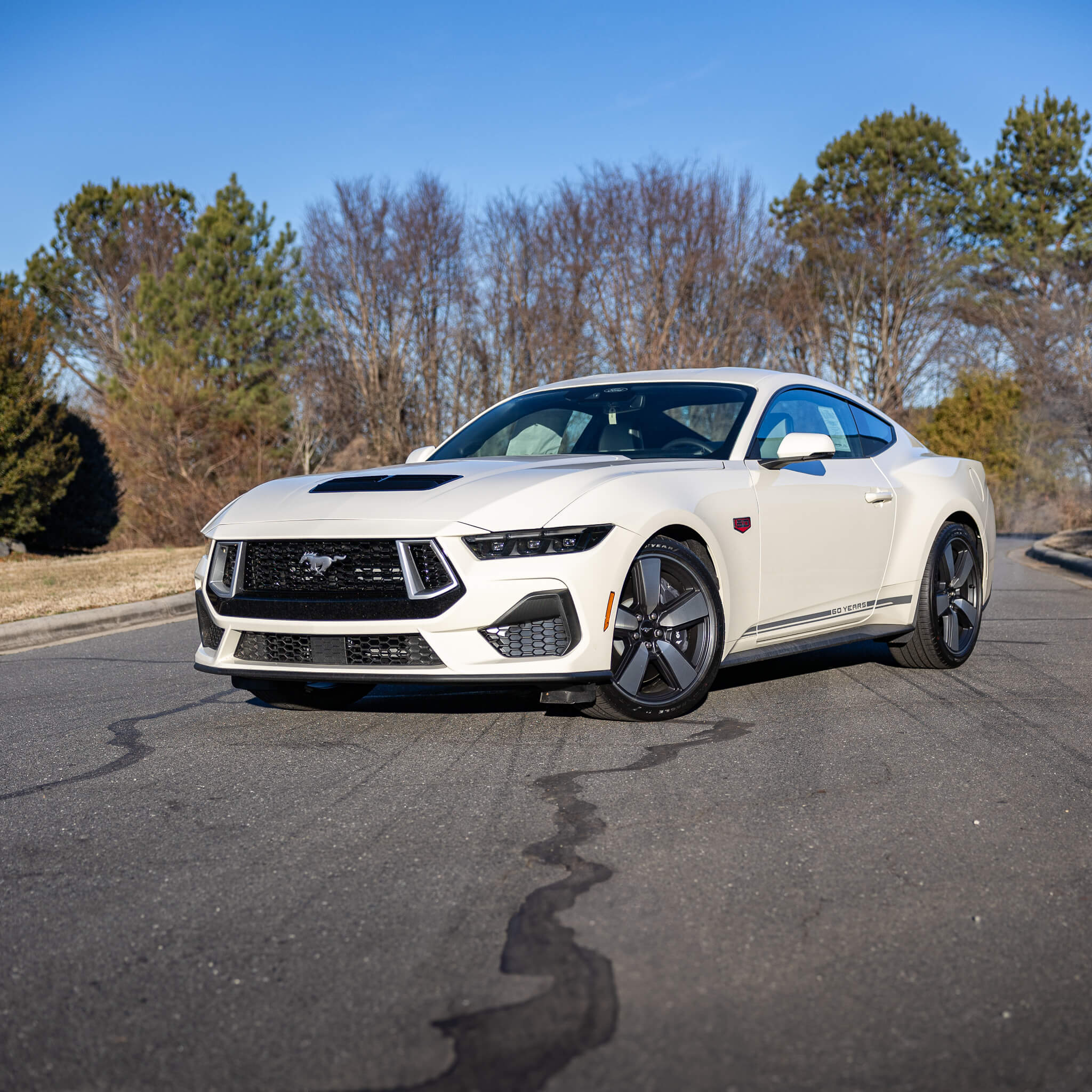 A Wimbledon white 60th anniversary Mustang on a road with trees in the background