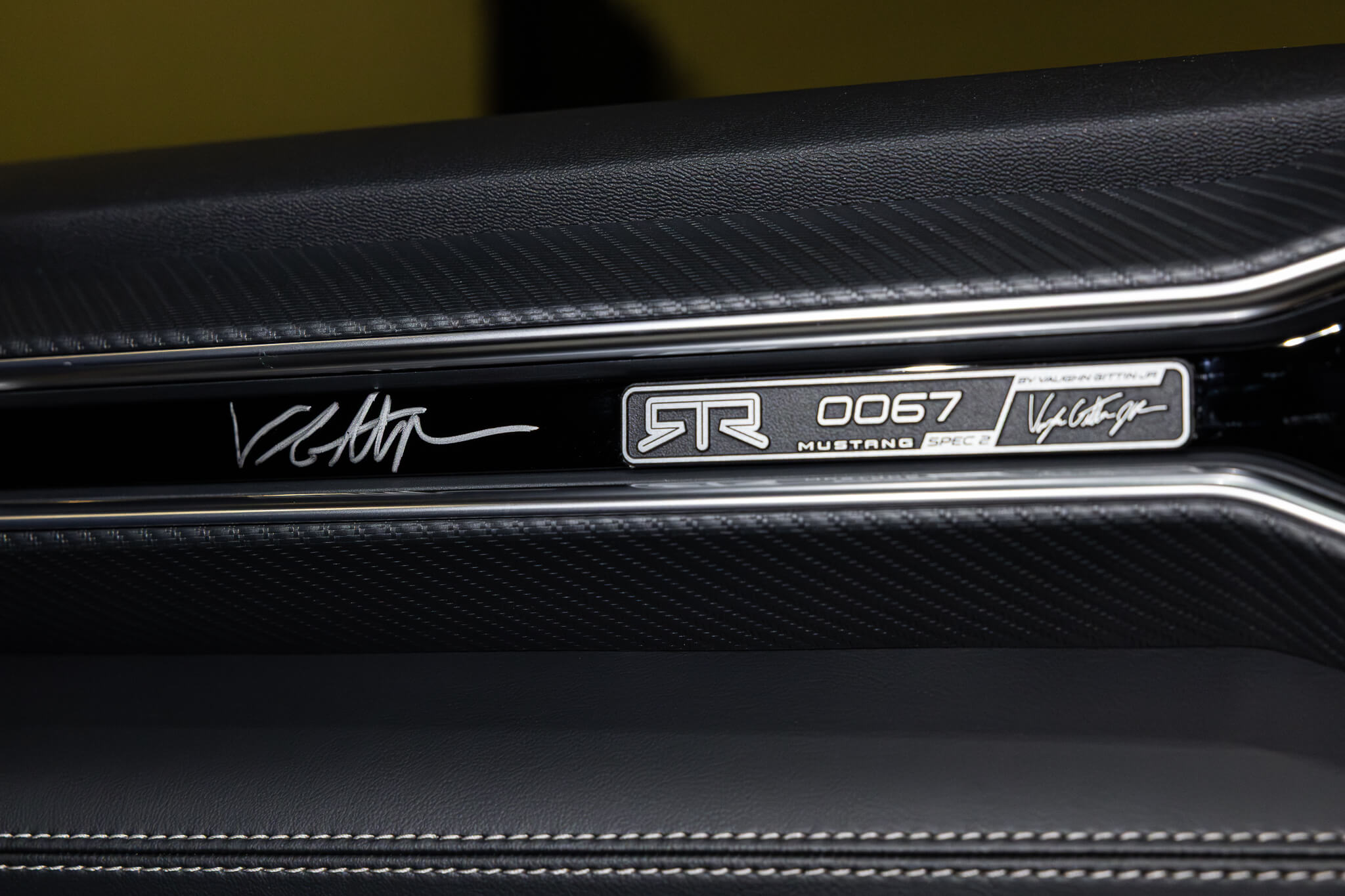 Vaughn Gittin Jr.'s signature on the dash of a 2025 Mustang RTR Spec 2 next to the serialized RTR dash plaque