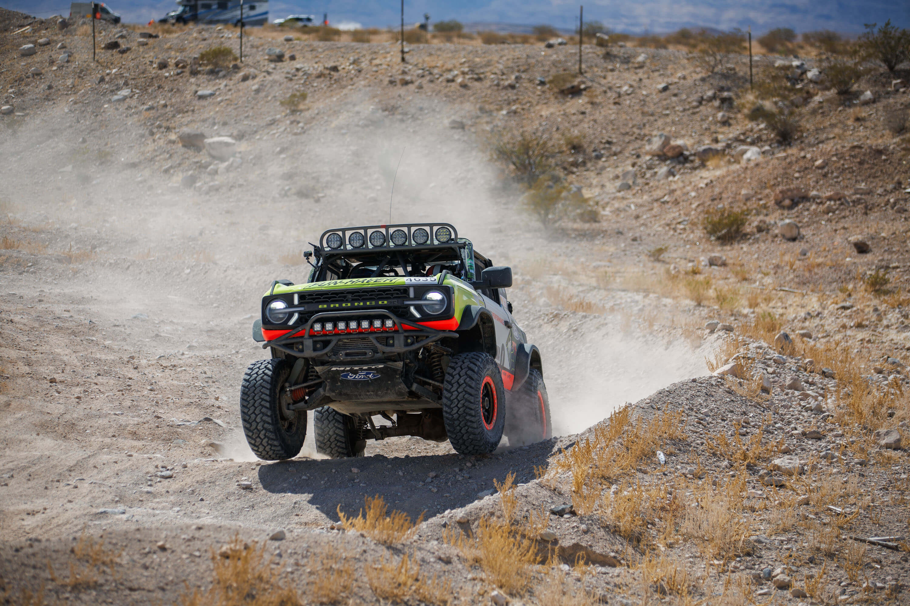 Bailey Campbell kicks up dust in the RTR Vehicles Off-Road Ford Bronco kicks up a dust trail as it tears through the Mint 400 course.