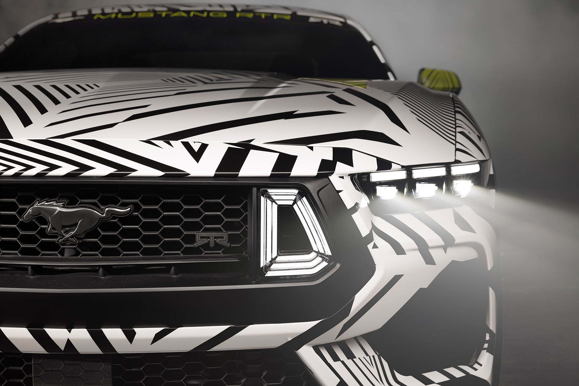 Heads on detailed view of the Mustang RTR unveiled by Ford Motor Company and RTR in dazzle camo