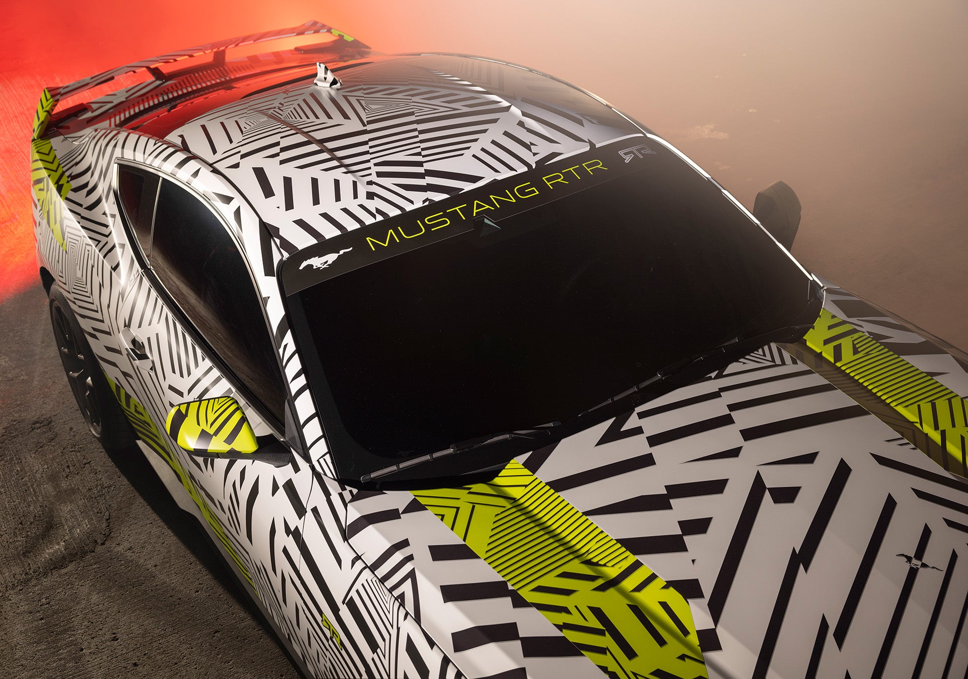 Top down view of the Mustang RTR's in Dazzle camo with nods to the Iconic Ford Mustang 