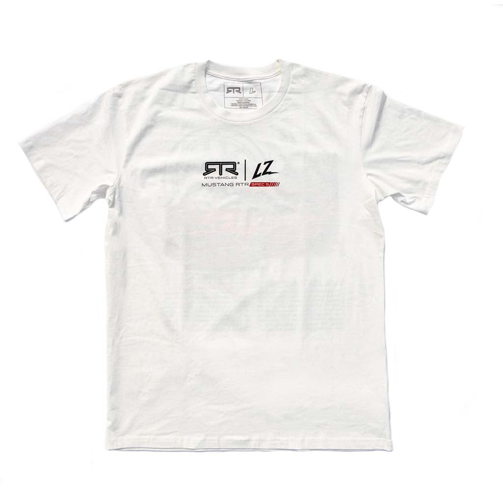 Adam LZ Mustang RTR Spec 5 Tee, featuring black RTR and LZ logos on a white t-shirt, embodies high-performance car culture and individuality.