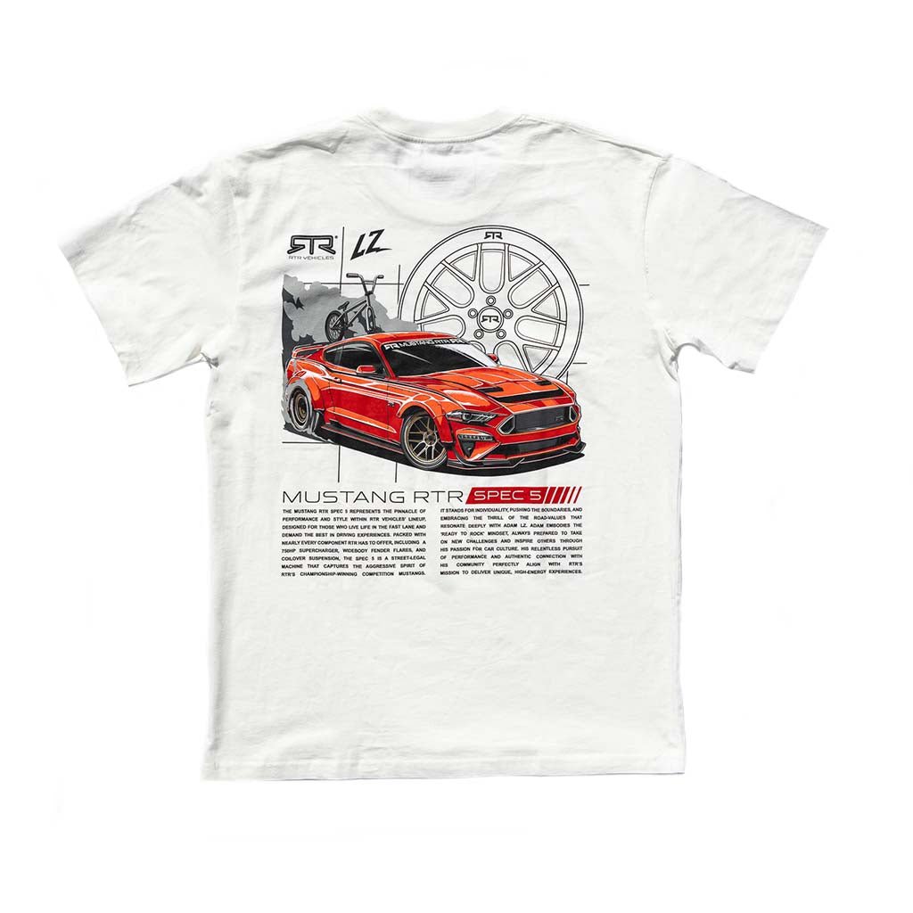 Adam LZ Mustang RTR Spec 5 Tee featuring a red Mustang RTR Spec 5, celebrating high-performance and style in a limited edition design.