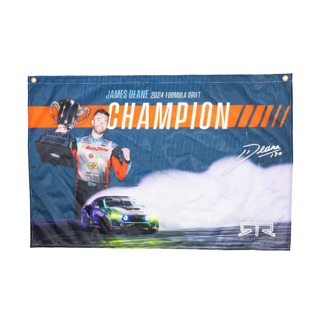 James Deane 2024 Championship Banner featuring James holding a trophy beside his Mustang RTR Spec 5-FD race car, ideal for display.