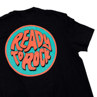 Men's Funky Circle Tee featuring a hand drawn design bold blue circle with coral text on a black shirt, embodying vintage surfer vibes and the RTR spirit.