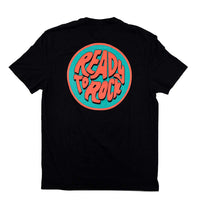 Men's Funky Circle Tee featuring a hand drawn coral and teal design, embodying vintage surfer vibes.