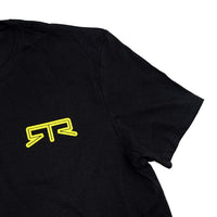 Men's Funky Circle Tee featuring a black shirt with a bold hyper lime logo, embodying vintage surfer vibes and the RTR spirit. Perfect for RTR enthusiasts.