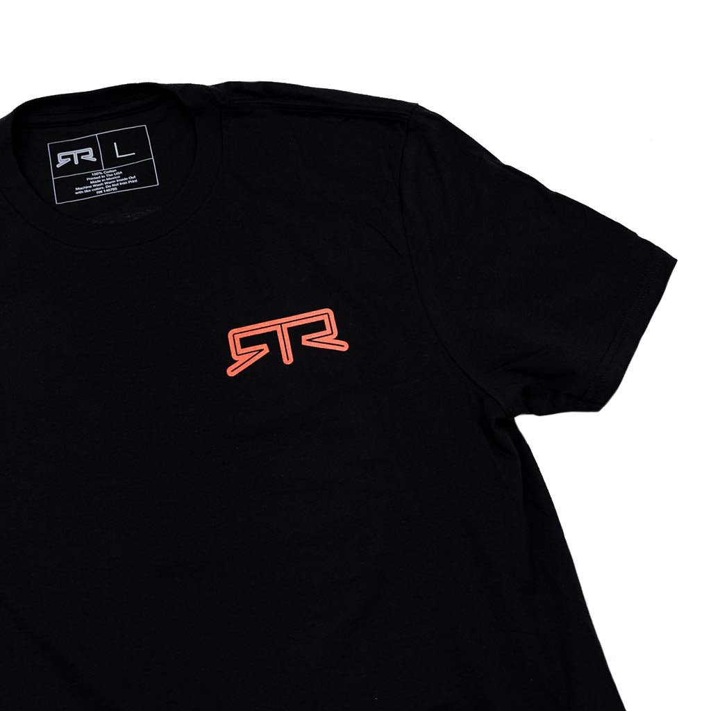 Men's Funky Circle Tee featuring a bold RTR coral logo on a black shirt, embodying the RTR spirit and a casual, active style.