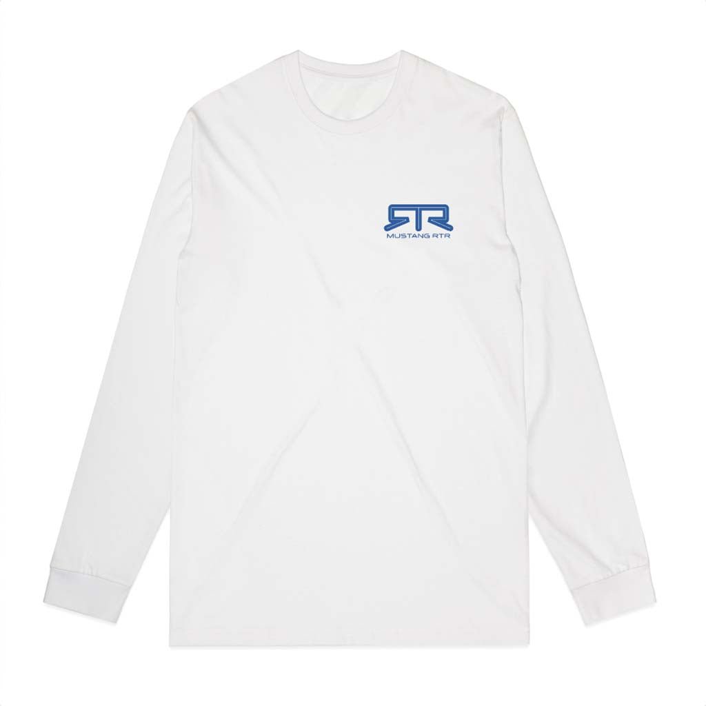 Mustang RTR Long Sleeve Tee with front logo and bold 2024 Mustang RTR design on back, offering comfort and style for enthusiasts.