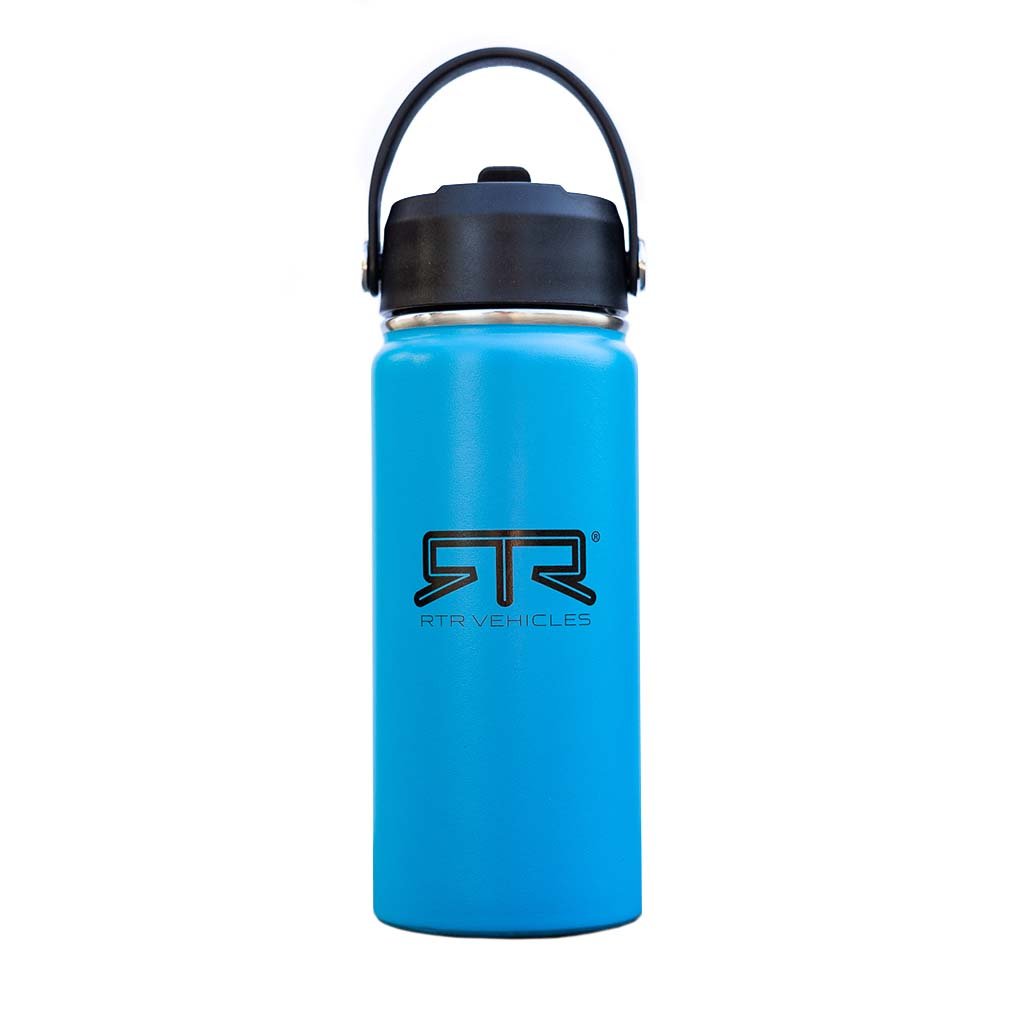 RTR 16oz Tumbler with black lid, featuring RTR Vehicles logo in black, sleek cylindrical design, ideal for maintaining beverage temperature.