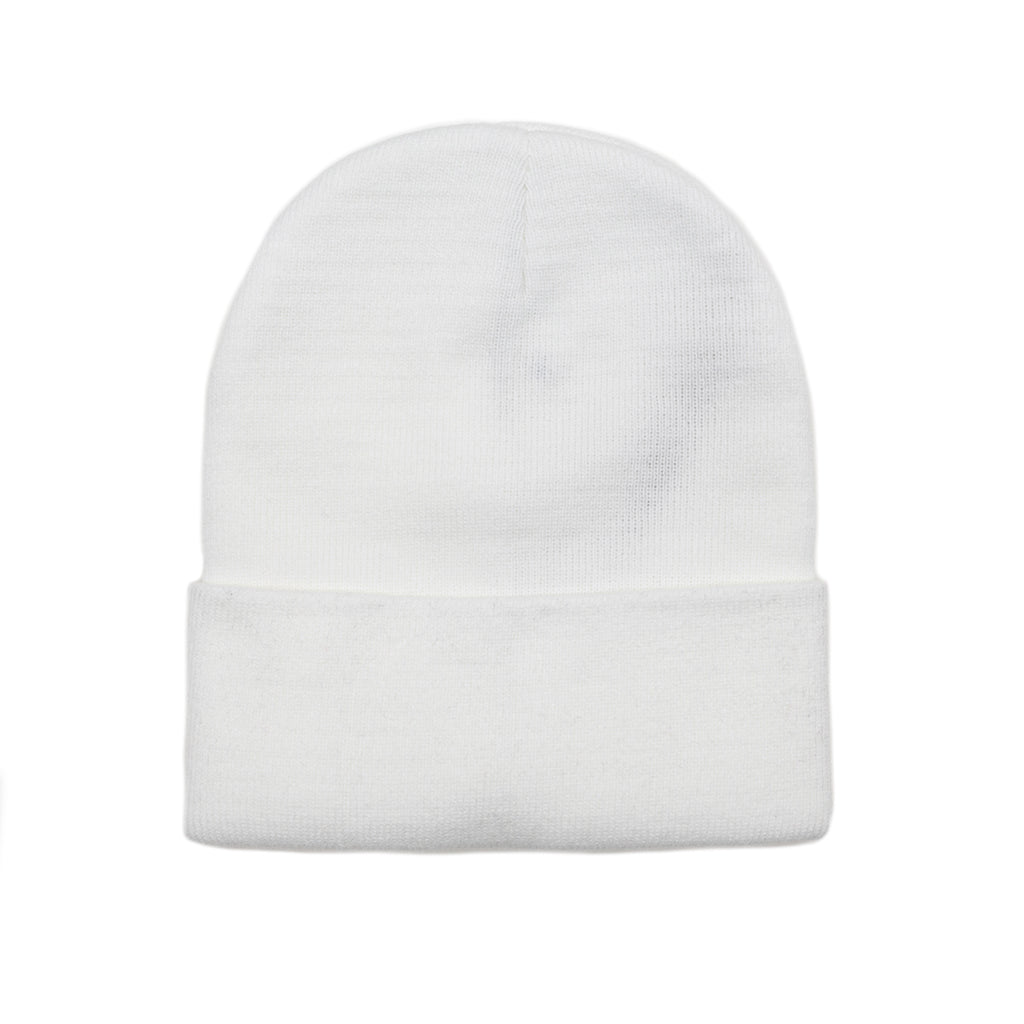 White RTR Beanie showcased on a plain backdrop, highlighting its knit texture and stitched RTR logo tag, embodying style and functionality for versatile wear.