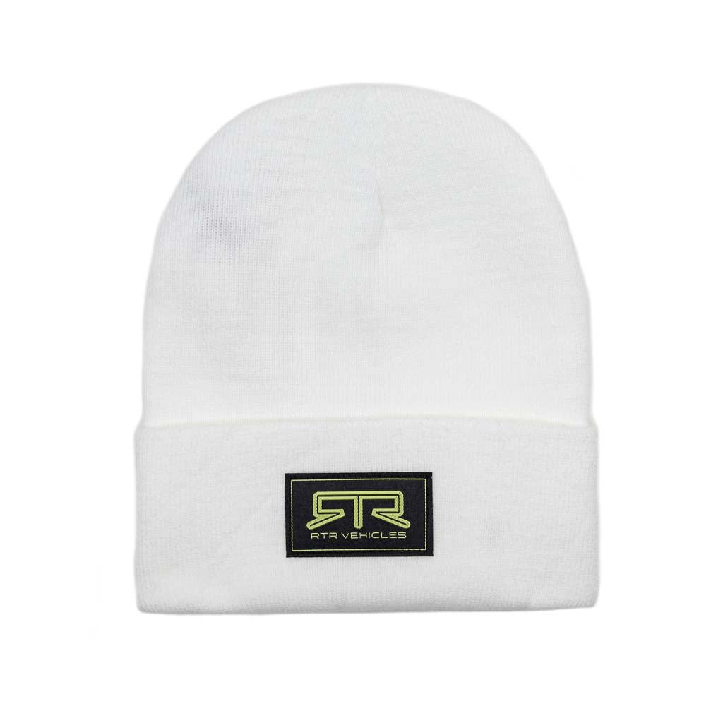 White RTR Beanie featuring a black and Hyper Lime RTR logo patch, offering a snug fit. Ideal for staying warm and stylish in various settings.