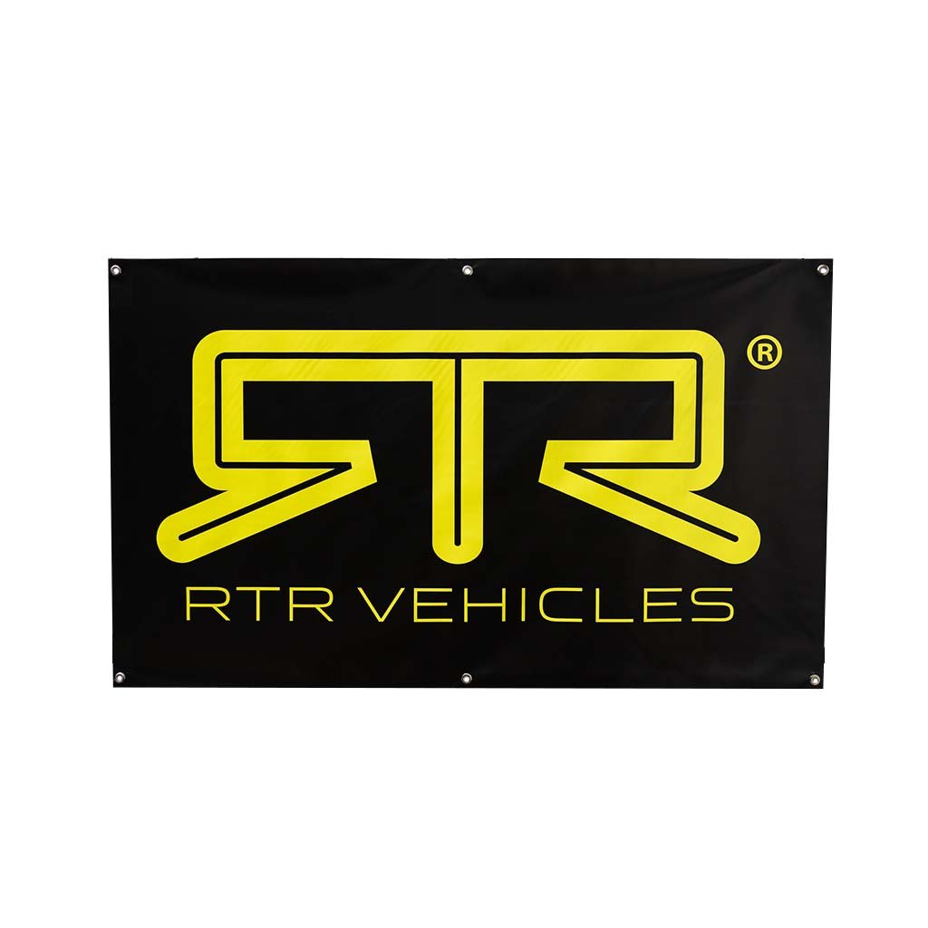 RTR Garage Banner featuring bold Hyper Lime design, ideal for adding style to your garage. Durable vinyl with grommets for easy mounting.