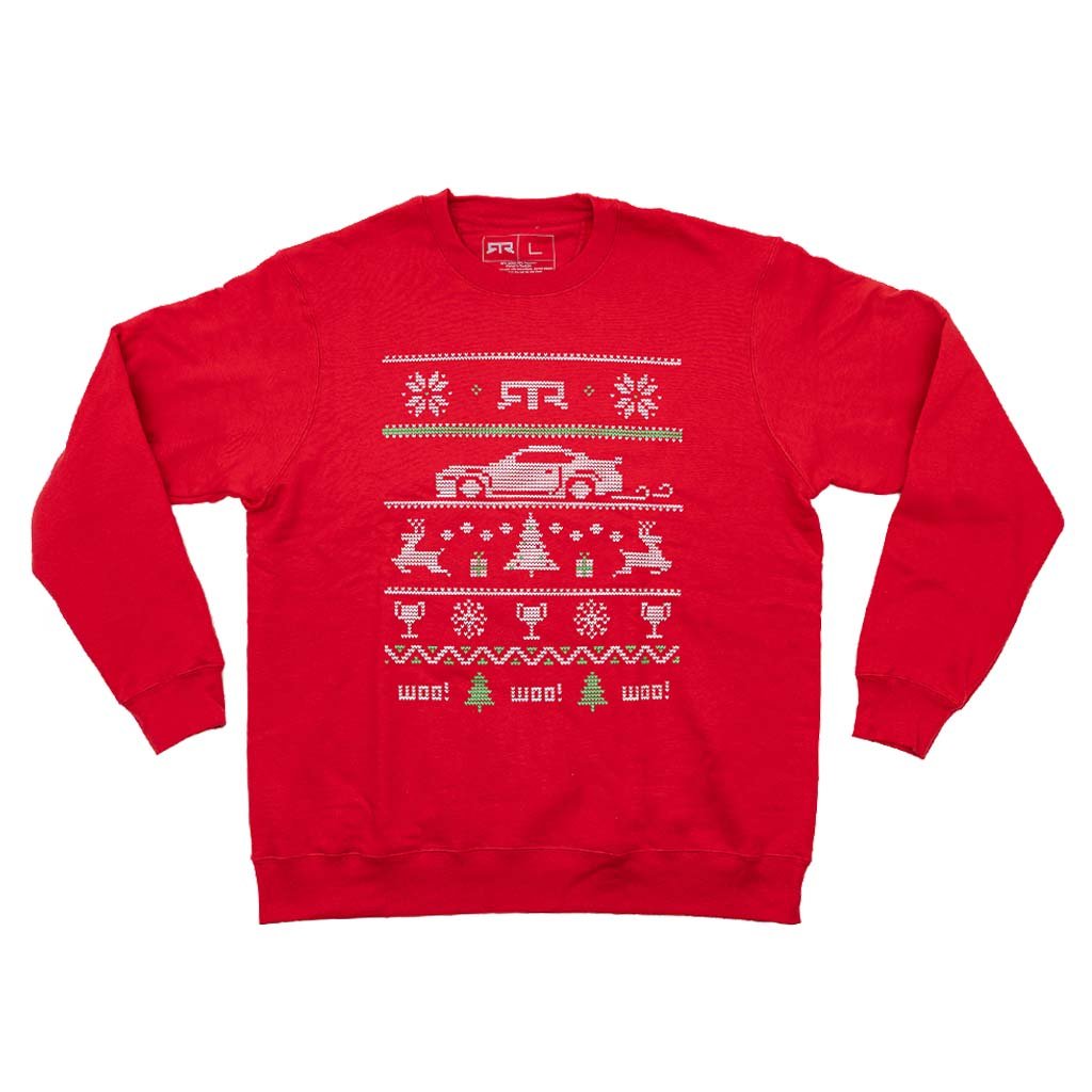 RTR Holiday Sweater featuring a festive pattern with a Mustang RTR speeding through a winter scene, complete with trophies, trees, and the iconic RTR logo.