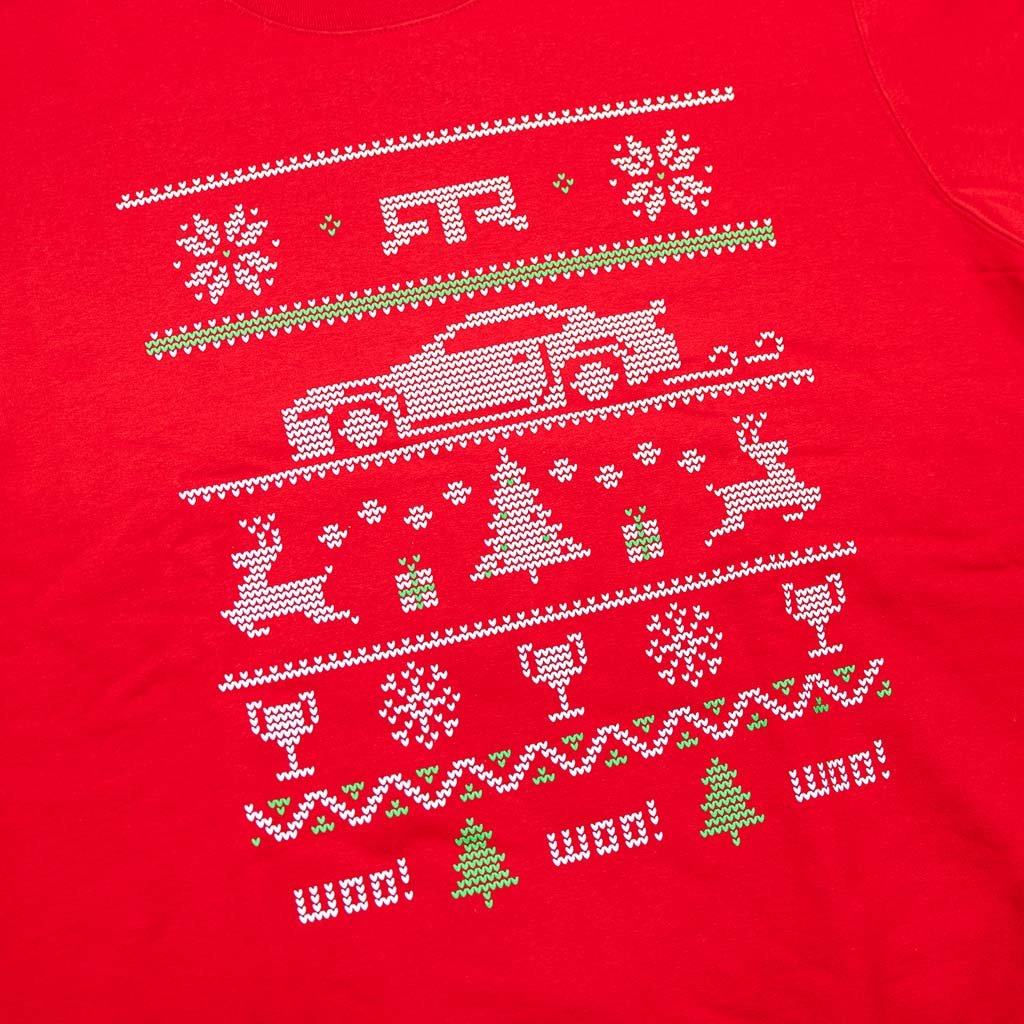 RTR Holiday Sweater featuring a festive design with RTR's iconic elements, including a speeding Mustang, holiday trees, and WOO! signature, capturing holiday cheer.