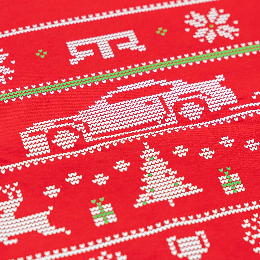 RTR Holiday Sweater featuring a knitted pattern with a Mustang car and reindeer motif, embodying festive spirit and RTR style.