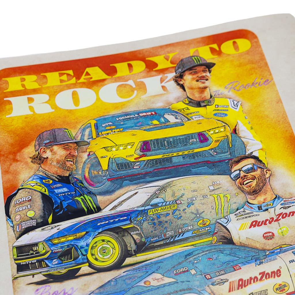 RTR “Ready to Rock” Movie Poster featuring a vintage-style race car and smiling RTR Drift Team drivers, celebrating the 60s and 70s cinema era.