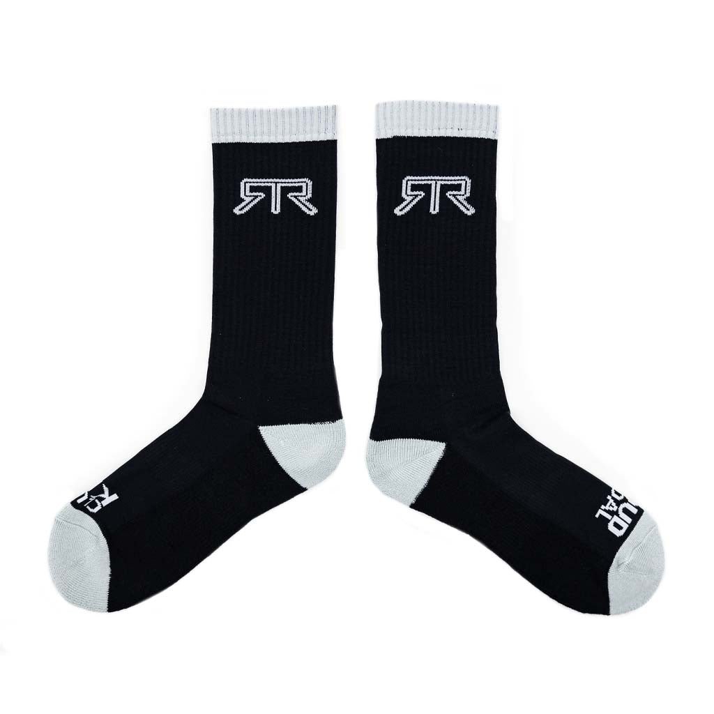 RTR Socks featuring bold grey letters Clutch Kick and Loud Pedal on black, offering a stylish blend of comfort and attitude.