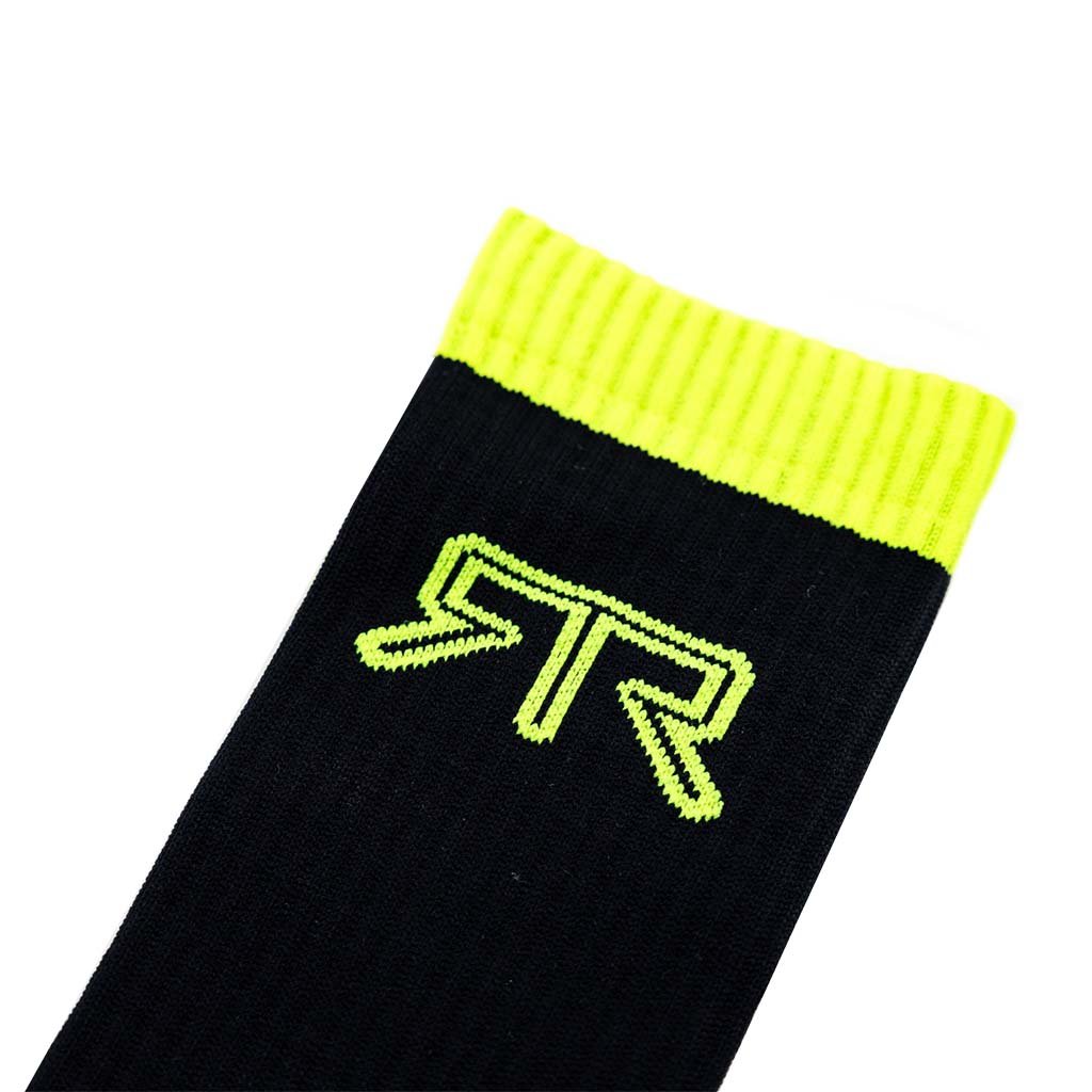 RTR Socks featuring a black and hyper lime design with a logo, offering comfort and style with unique phrases on each foot.