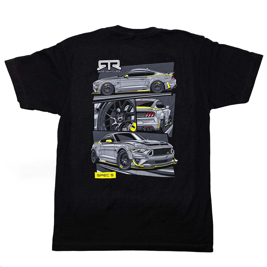 RTR Spec 5 10th Anniversary Tee featuring images of the 10th Anniversary Mustang RTR Spec 5, celebrating a decade of RTR's performance and style. Perfect for enthusiasts and fans.