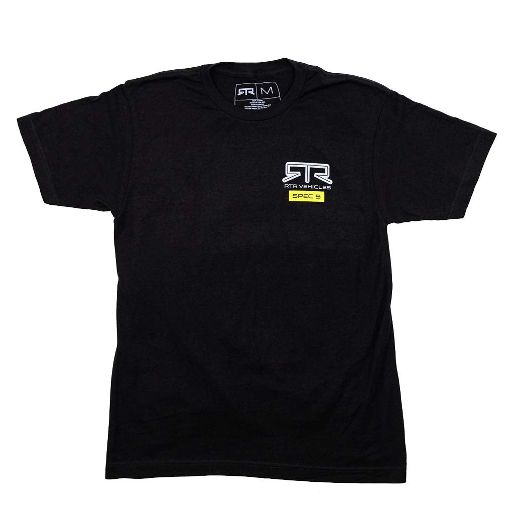 RTR Spec 5 10th Anniversary Tee with a hyperlime logo on a black t-shirt, celebrating a decade of RTR's performance and style.