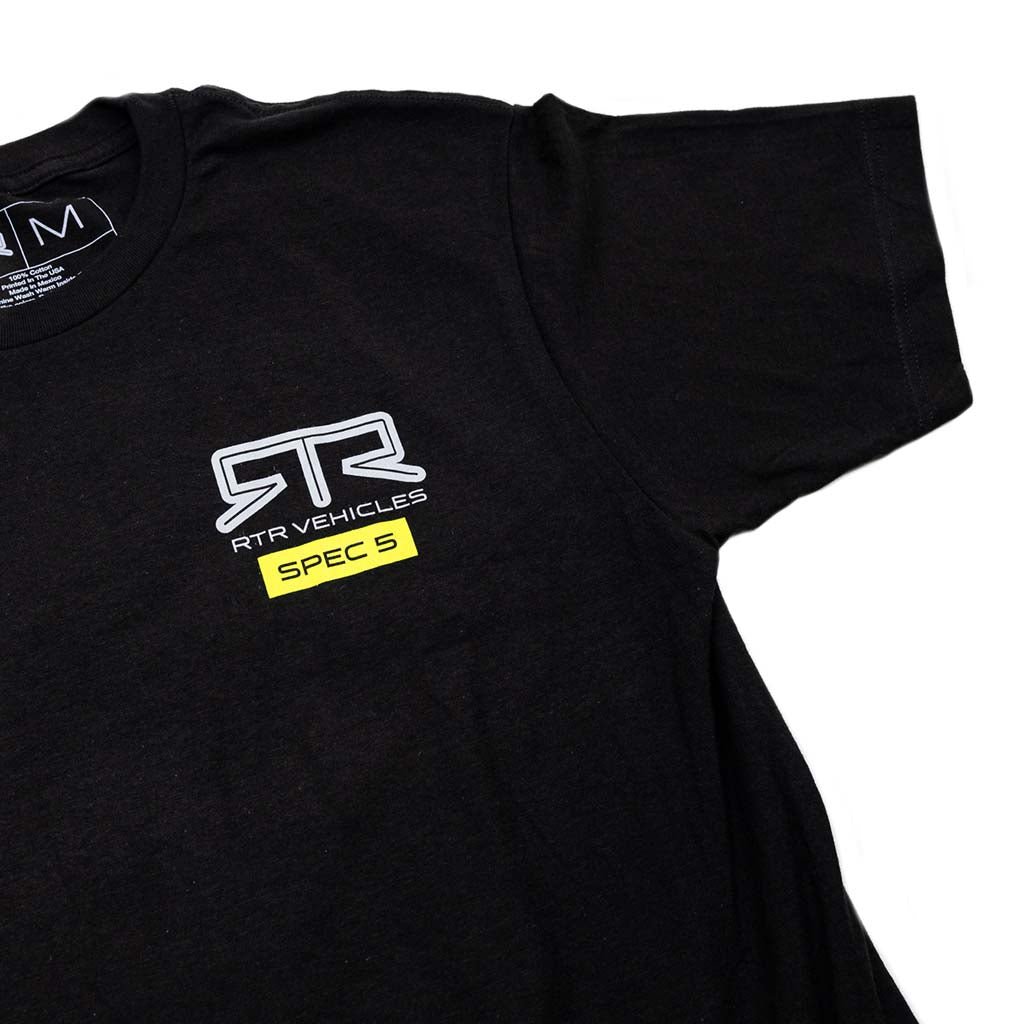 RTR Spec 5 10th Anniversary Youth Tee, black with grey RTR logo text, celebrating a decade of RTR performance and style. Perfect for young enthusiasts.