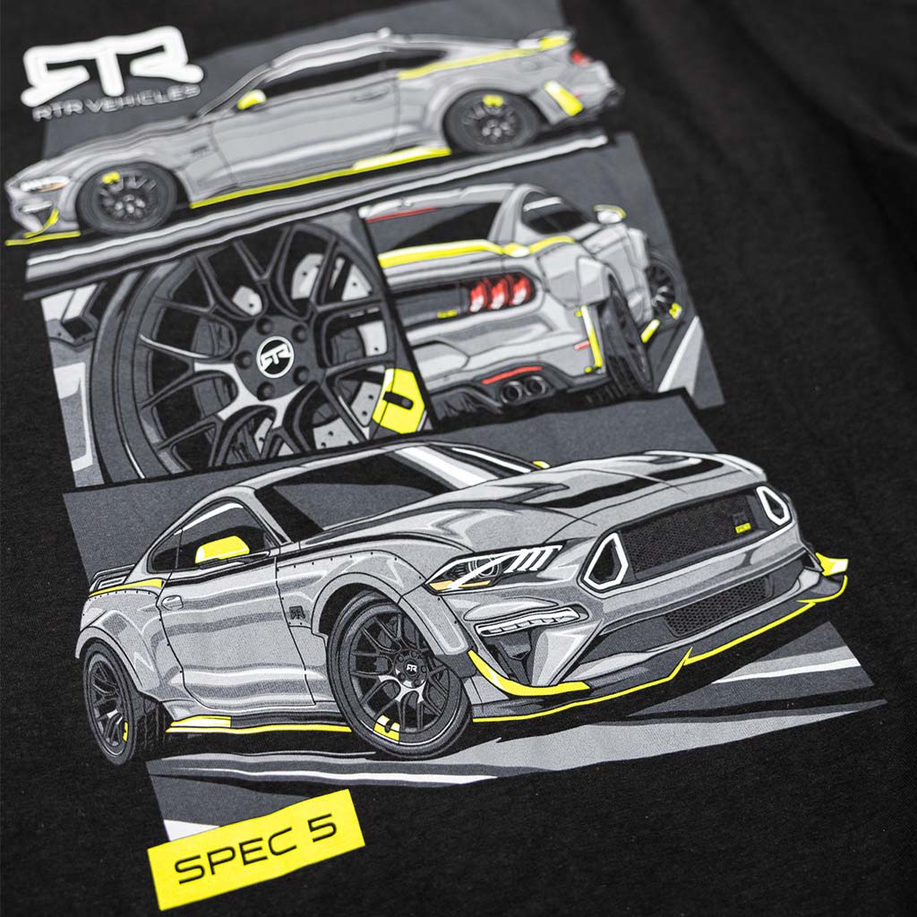 RTR Spec 5 10th Anniversary Youth Tee displaying a car graphic inspired by Vaughn Gittin Jr.'s Mustang RTR Spec 5, celebrating RTR's decade of performance and style.