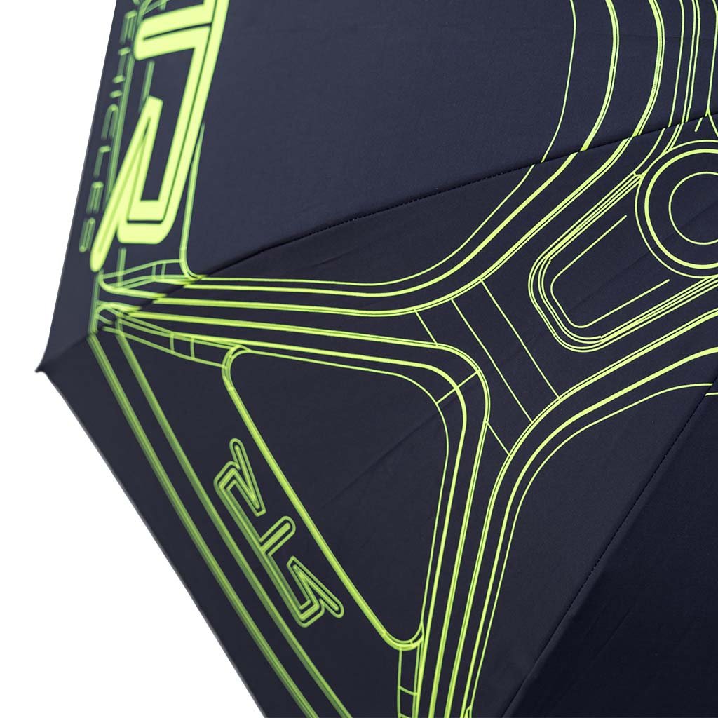 Close-up of the RTR Umbrella featuring a bold Hyper Lime RTR logo, highlighting its sleek design and easy one-button open mechanism.