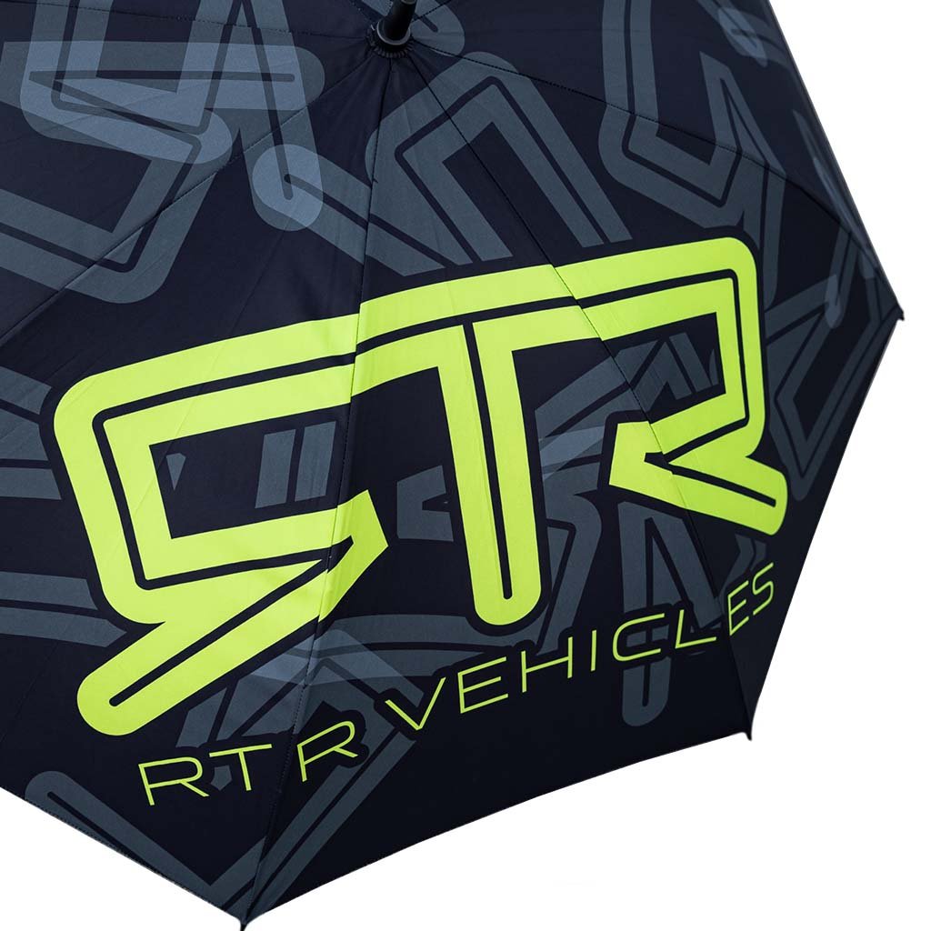 RTR Umbrella featuring a bold Hyper Lime RTR logo print that's perfect for automotive enthusiasts.