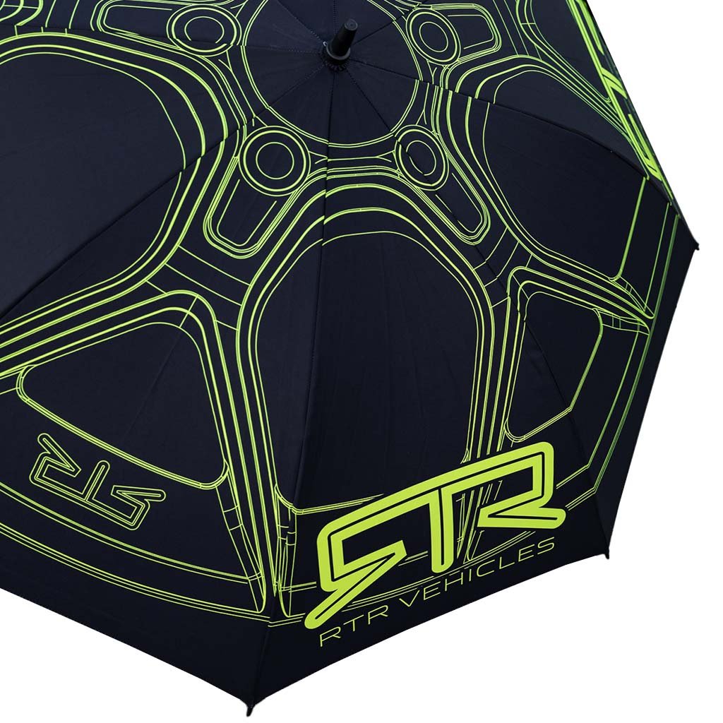 RTR Umbrella featuring a black canopy with Hyper Lime RTR Aero 5 design, highlighted by a Hyper Lime RTR logo, tailored for automotive enthusiasts.