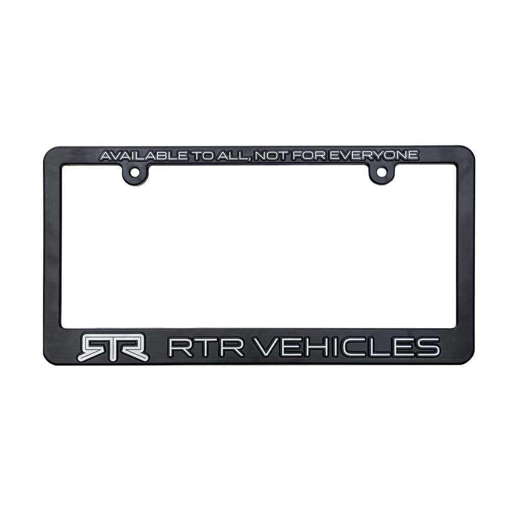 RTR Vehicles License Plate Frame with embossed RTR Vehicles logo and the motto "Available to All, Not for Everyone" in a black rectangular design.