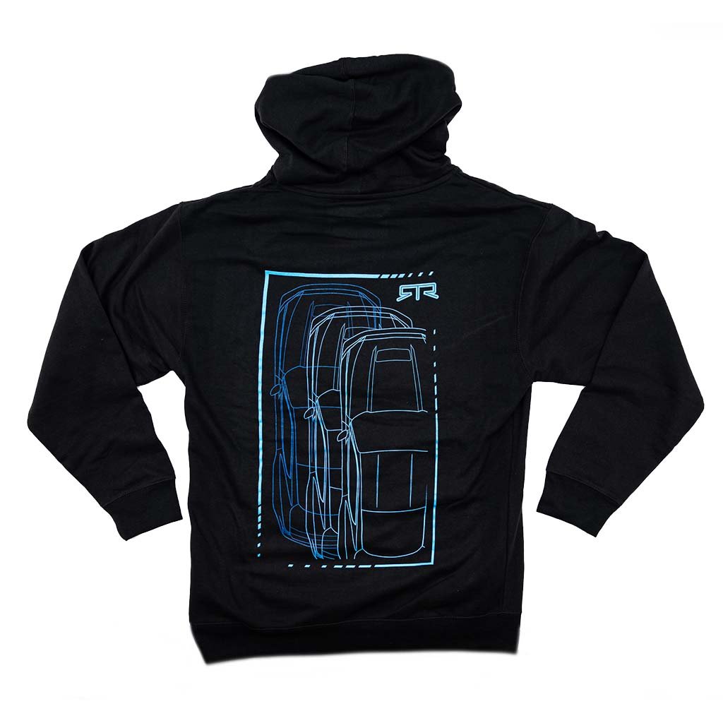 RTR X-Ray Hoodie featuring an electric blue wireframe design of the 2024 Mustang RTR on the back and RTR logo on the front.