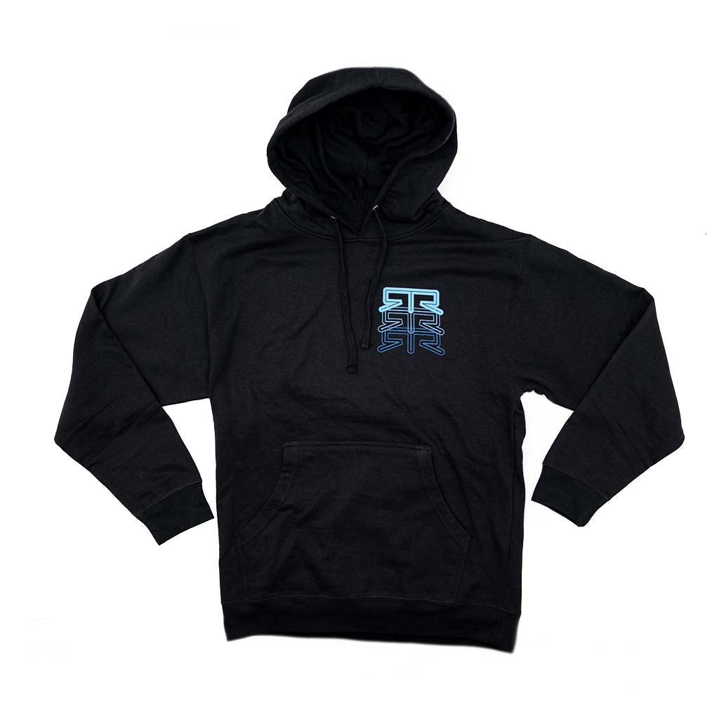 RTR X-Ray Hoodie with electric blue wireframe Mustang RTR design on the back and RTR logo on the front, offering premium comfort.