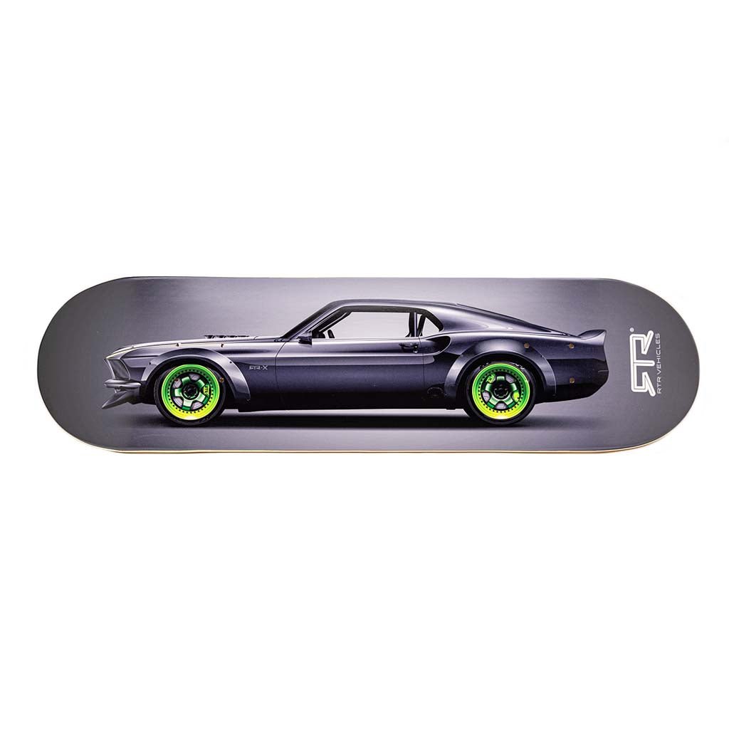 RTR-X Skateboard Deck featuring a detailed image of the RTR-X with green wheels, crafted from 7-ply Canadian maple, ideal for skating or display.