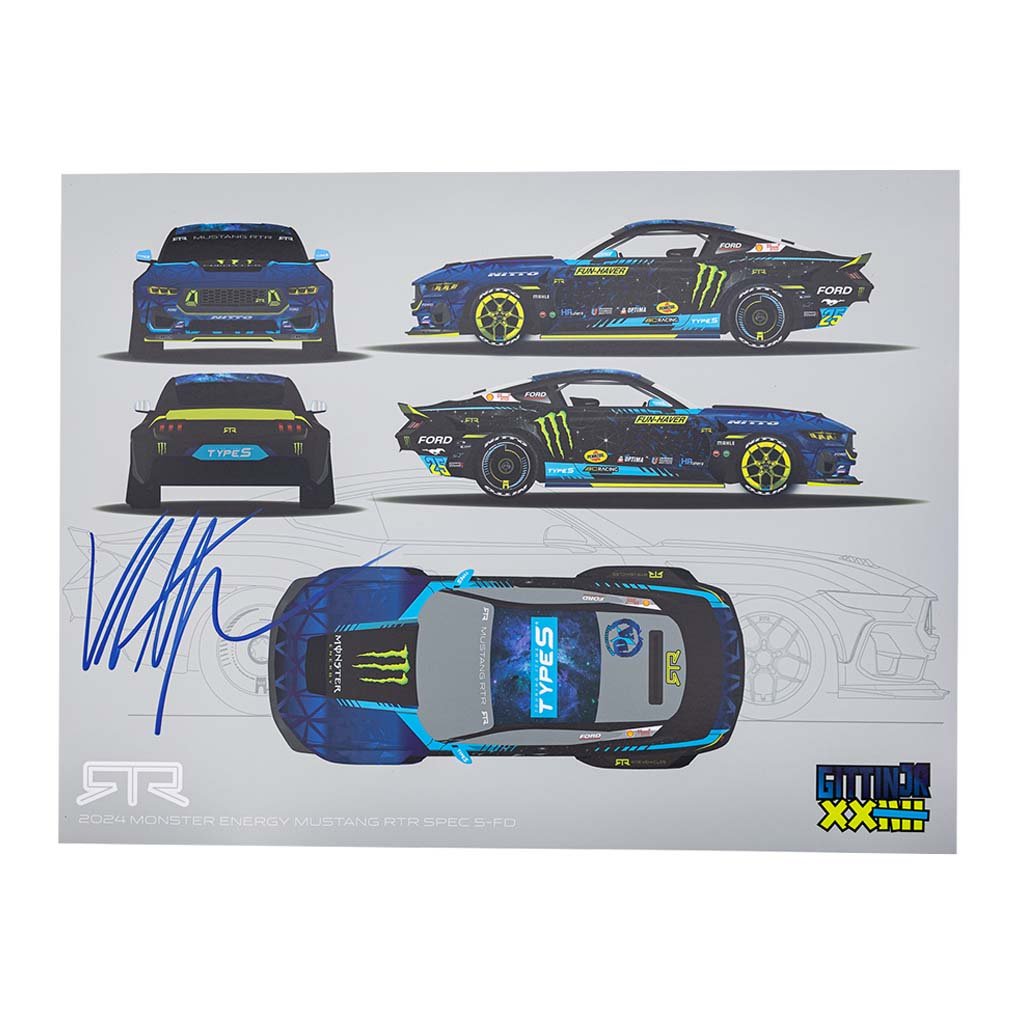 Vaughn Gittin Jr. Autographed 2024 Formula Drift Livery Poster featuring a detailed Mustang RTR Spec 5-FD, signed by Vaughn Gittin Jr.