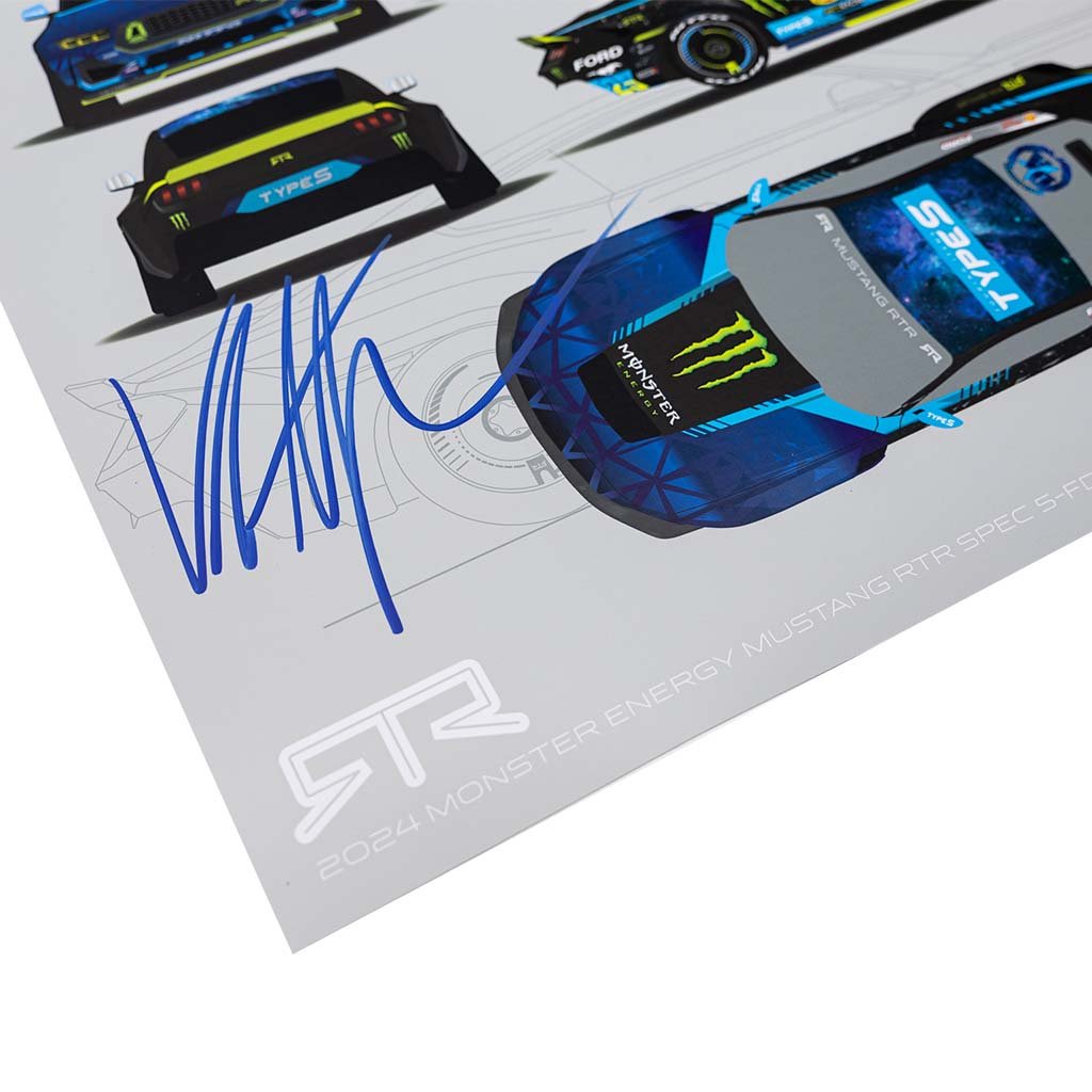 Vaughn Gittin Jr. Autographed 2024 Formula Drift Livery Poster featuring a detailed Mustang RTR Spec 5-FD livery design and schematic background, signed by Vaughn Gittin Jr.