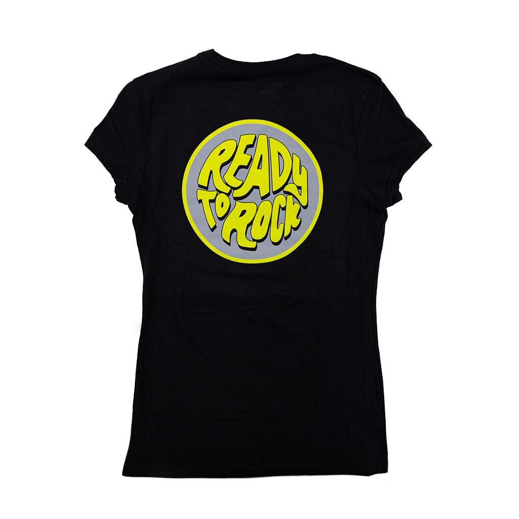 Women's Funky Circle Tee featuring a black shirt with a unique hyper lime and grey circular design, embodying retro surfer vibes.