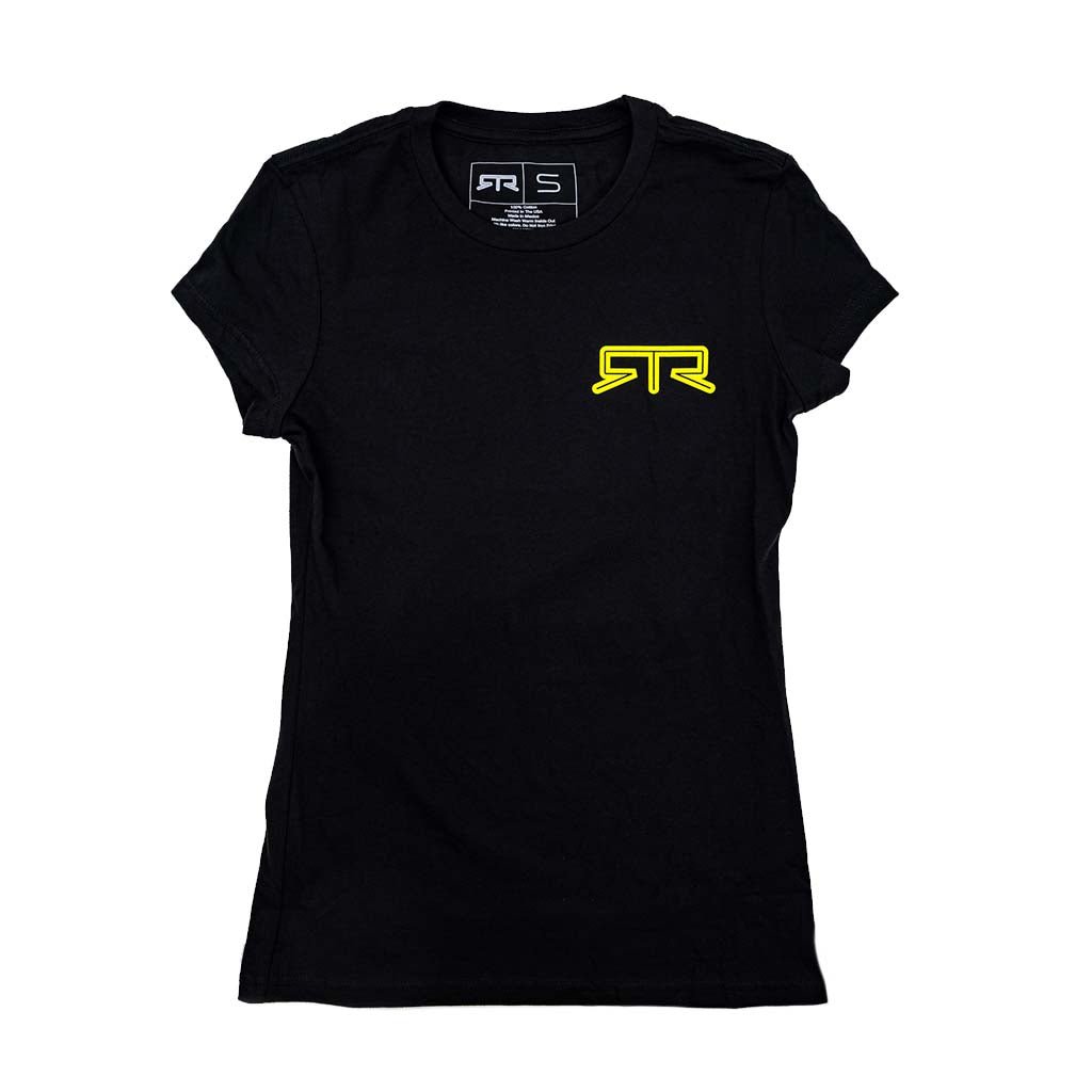 Women's Funky Circle Tee featuring a bold hyperlime logo on a black shirt, inspired by vintage surfer vibes, embodying the RTR spirit.