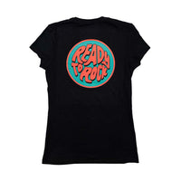 Women's Funky Circle Tee featuring a prominent teal circle and coral text logo on a black shirt, embodying RTR's vintage surfer-inspired design.